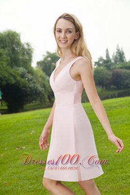 V-neck Baby Pink Mini-length Chiffon Bridesmaid Dress