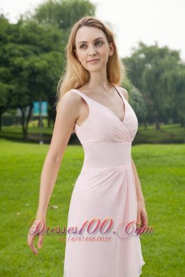 V-neck Baby Pink Mini-length Chiffon Bridesmaid Dress