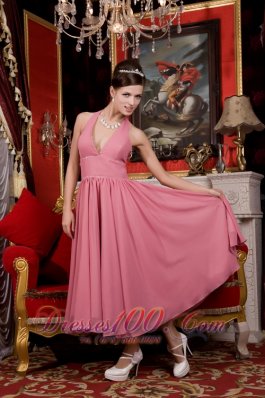 Tea-length Halter Pink Chiffon Homecoming Dama Dresses