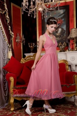 Tea-length Halter Pink Chiffon Homecoming Dama Dresses