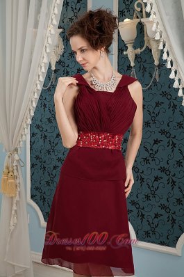 Straps Burgundy Chiffon Beading Knee-length Mother Dresses