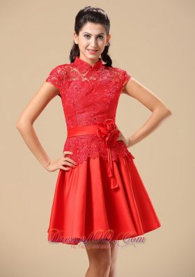 High Neck Lace Red Handmade Flowers Homecoming Dress