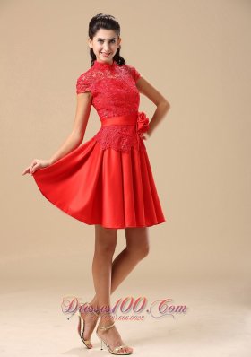 High Neck Lace Red Handmade Flowers Homecoming Dress