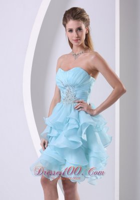 Aqua Blue Prom Cocktail Dress Ruffles Ruching Beading