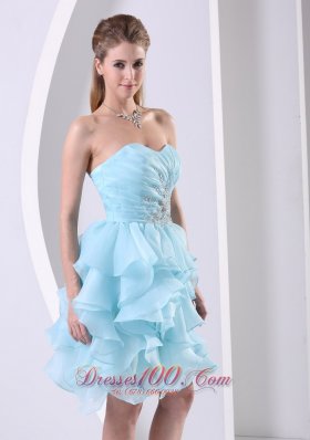 Aqua Blue Prom Cocktail Dress Ruffles Ruching Beading