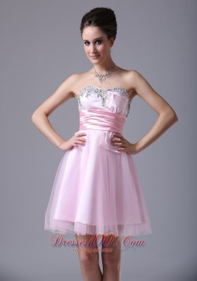 Baby Pink Bow Sash Prom Graduation Dress Tulle Beading Pleated