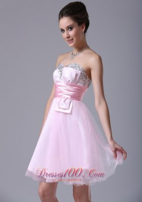 Baby Pink Bow Sash Prom Graduation Dress Tulle Beading Pleated