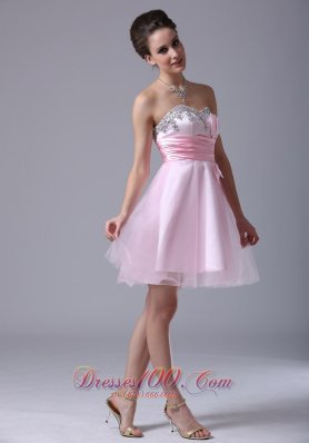 Baby Pink Bow Sash Prom Graduation Dress Tulle Beading Pleated