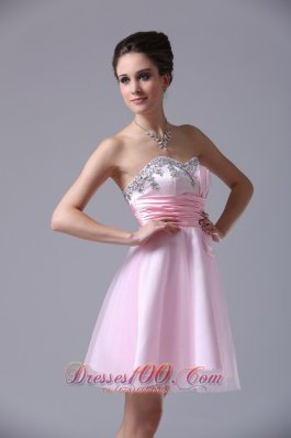 Baby Pink Bow Sash Prom Graduation Dress Tulle Beading Pleated