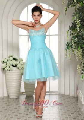 Baby Blue Beading Prom Party Dress Ruches Knee Length