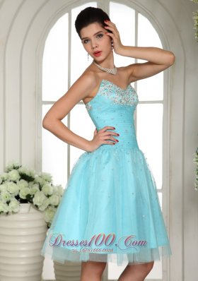 Baby Blue Beading Prom Party Dress Ruches Knee Length