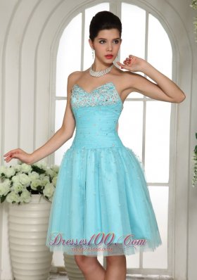 Baby Blue Beading Prom Party Dress Ruches Knee Length