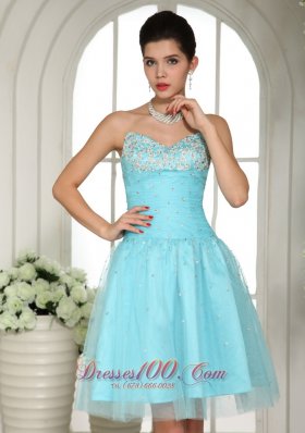 Baby Blue Beading Prom Party Dress Ruches Knee Length