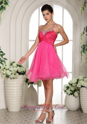 Halter Pleated Hot Pink Prom Homecoming Dress
