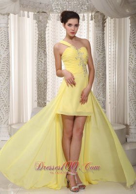 One Shoulder High Low Yellow Prom Dress Ruche Beading