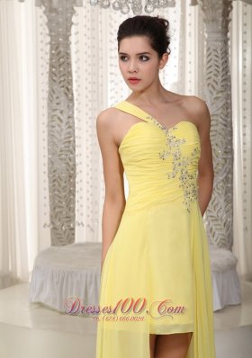 One Shoulder High Low Yellow Prom Dress Ruche Beading