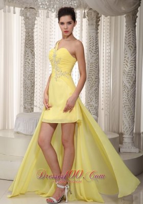 One Shoulder High Low Yellow Prom Dress Ruche Beading