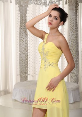 One Shoulder High Low Yellow Prom Dress Ruche Beading