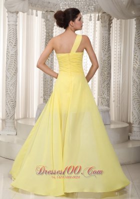 One Shoulder High Low Yellow Prom Dress Ruche Beading