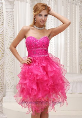 Ruffed Hot Pink Beading Mini Length Homecoming Dress