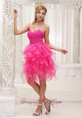 Ruffed Hot Pink Beading Mini Length Homecoming Dress