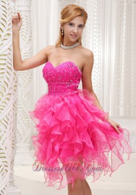 Ruffed Hot Pink Beading Mini Length Homecoming Dress