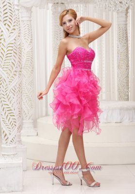 Ruffed Hot Pink Beading Mini Length Homecoming Dress