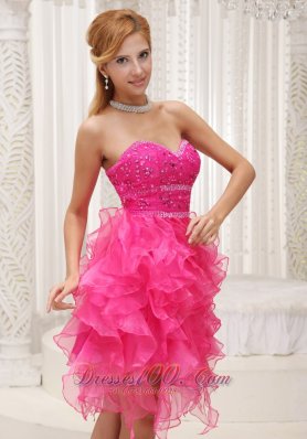 Ruffed Hot Pink Beading Mini Length Homecoming Dress