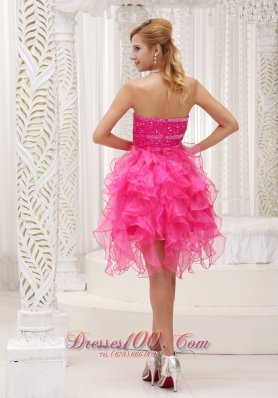 Ruffed Hot Pink Beading Mini Length Homecoming Dress