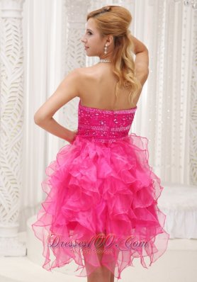 Ruffed Hot Pink Beading Mini Length Homecoming Dress