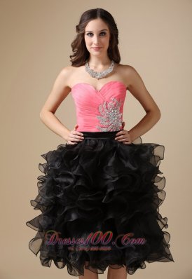 Watermelon Red And Black Ruffles Evening Dress