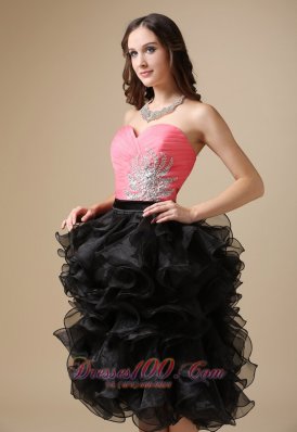 Watermelon Red And Black Ruffles Evening Dress