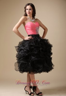 Watermelon Red And Black Ruffles Evening Dress