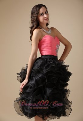 Watermelon Red And Black Ruffles Evening Dress