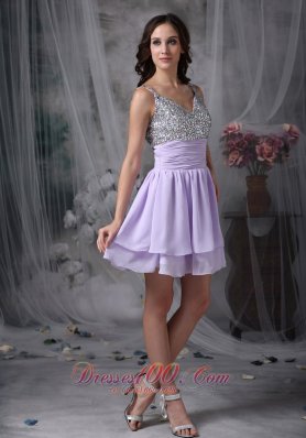 Lialc Straps Short Prom Dress Chiffon Beading Mini-length