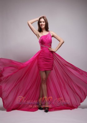 Hot Pink One Shouleder Strap Beading Evening Dress