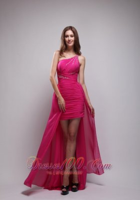 Hot Pink One Shouleder Strap Beading Evening Dress