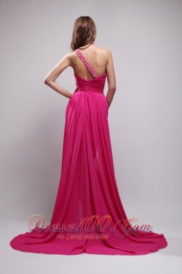 Hot Pink One Shouleder Strap Beading Evening Dress