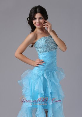 High-low and Beading One Shoulder Strap Prom Dress Blue