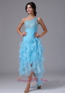 High-low and Beading One Shoulder Strap Prom Dress Blue