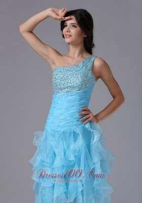 High-low and Beading One Shoulder Strap Prom Dress Blue