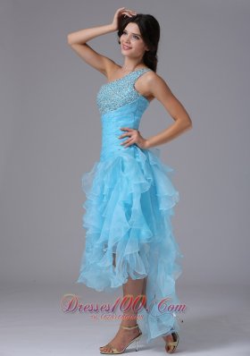 High-low and Beading One Shoulder Strap Prom Dress Blue