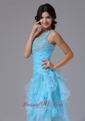 High-low and Beading One Shoulder Strap Prom Dress Blue