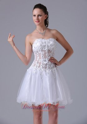 Straps Appliques White Prom Cocktial Dress With Beading