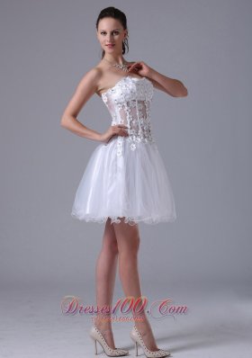 Straps Appliques White Prom Cocktial Dress With Beading