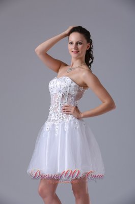 Straps Appliques White Prom Cocktial Dress With Beading