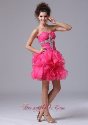 Sweetheart Mini-length Organza Beading Hot Pink Cocktail Dress