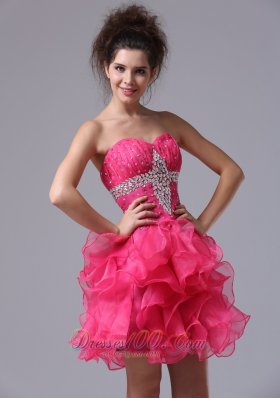 Sweetheart Mini-length Organza Beading Hot Pink Cocktail Dress