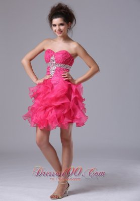 Sweetheart Mini-length Organza Beading Hot Pink Cocktail Dress