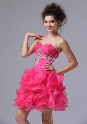 Sweetheart Mini-length Organza Beading Hot Pink Cocktail Dress